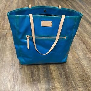 Kate Spade Tote Bag Turquoise Canvas Leather Trim Zip Pocket *Please Read*